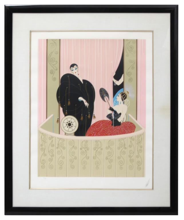 Erté (Romain de Tirtoff): Erté (Romain de Tirtoff) (Russian/French, 1892-1990) "Loge de Theatre" Serigraph Signed "Erté" and numbered "144/300" Includes a certificate of authenticity 39.5 in. high x 34 in. wide (frame)