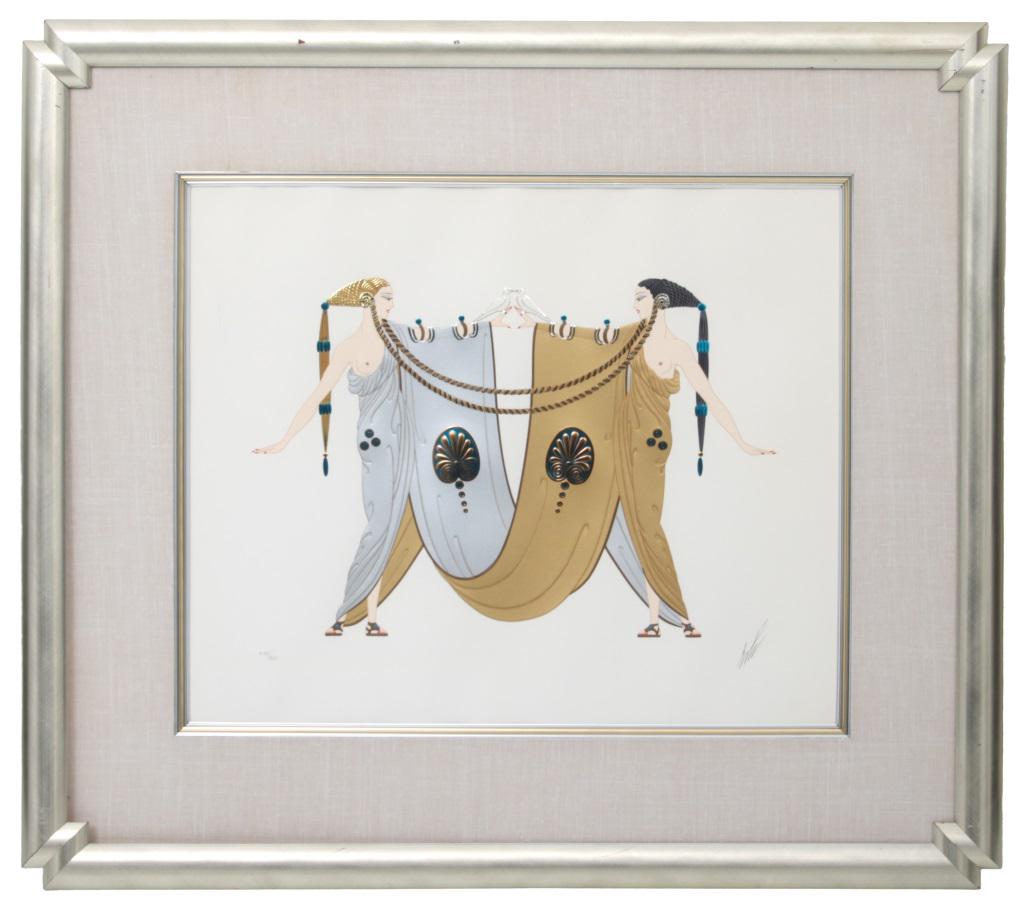 Erté (Romain de Tirtoff): Erté (Romain de Tirtoff) (Russian/French, 1892-1990) "Sisters" Serigraph Signed "Erté" 37 in. high x 41 in. wide (frame)