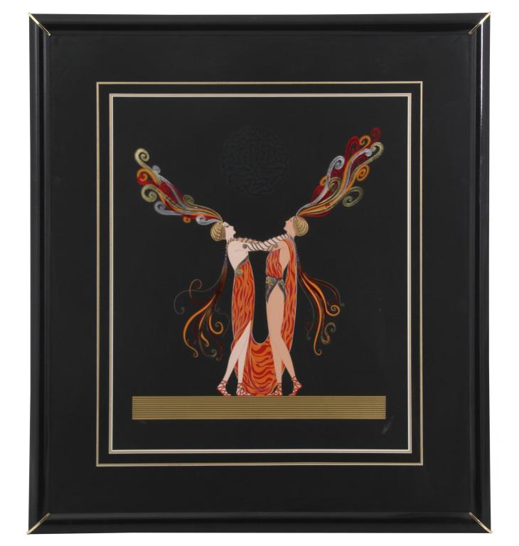 Erté (Romain de Tirtoff): Erté (Romain de Tirtoff) (Russian/French, 1892-1990) "Kiss of Fire" Serigraph Signed "Erté" 48 in. high x 43 in. wide (frame)