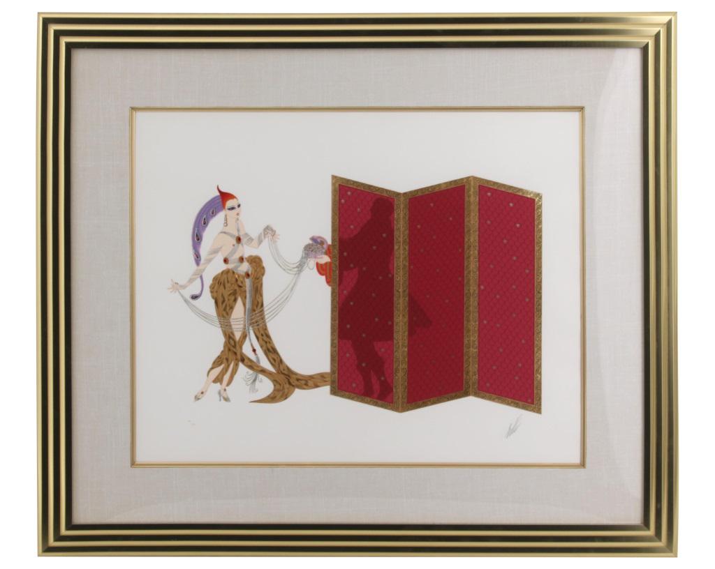 Erté (Romain de Tirtoff): Erté (Romain de Tirtoff) (Russian/French, 1892-1990) "Mystery of the Courtesan" Serigraph Signed "Erté" 44 in. high x 37.5 in. wide (frame)