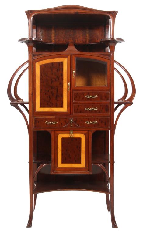 French Art Nouveau Cabinet: French Art Nouveau Cabinet, circa 1900, with open shelves, three drawers and three doors, one with beveled glass, stamped by the retailer "Jose Rivas/Muebles Decoracion/Barcelona," 77 in. high x 46 in