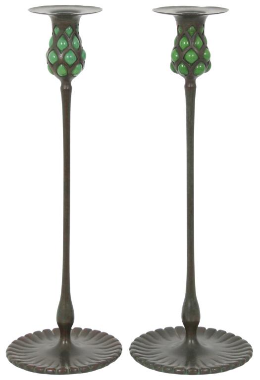 Pair of Tiffany Studios Blown Glass Candlesticks: Tiffany Studios Pair of Blown Glass Candlesticks early 20th century Favrile glass, patinated bronze signed "Tiffany Studios, New York, 27367" (both) 18 in. high Literature: Alastair Duncan, "Tiffany L