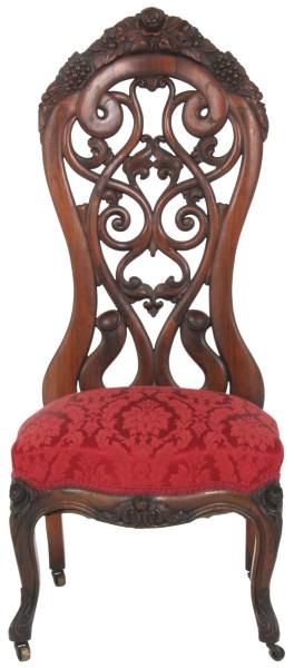 John H. Belter Rosewood Slipper Chair: John H. Belter (New York, 1804-1863) Slipper Chair third quarter 19th century laminated rosewood embellished with roses, grape clusters & leaves 41 1/2 in. high x 17 in. wide