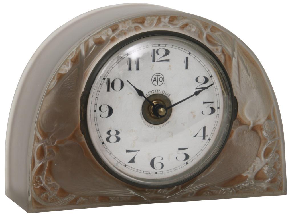 René Lalique "Moineaux" Clock: René Lalique (French, 1860-1945) "Moineaux" Clock circa 1924 frosted glass case signed "R. Lalique" dial signed "ATO/Brevete S.G.D.G. Depose" 6 x 8 1/2 inches