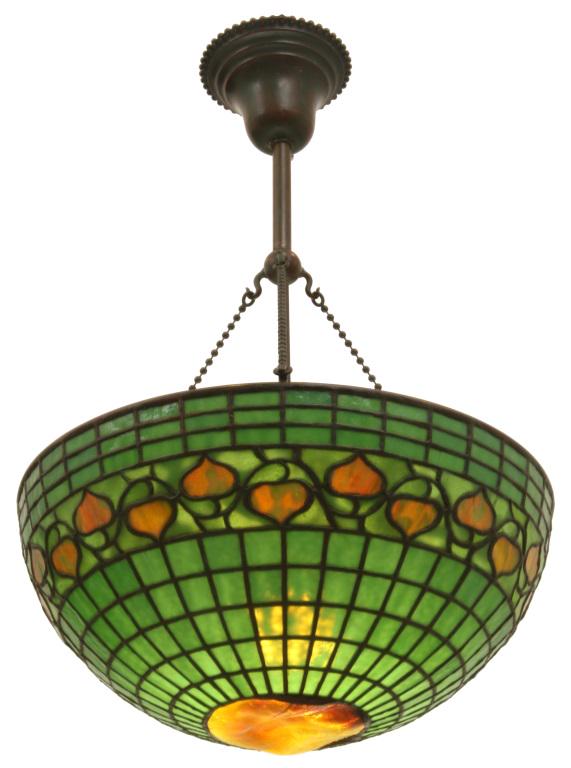 Tiffany Studios "Acorn & Turtle-Back" Chandelier: Tiffany Studios "Acorn & Turtle-Back" Chandelier circa 1910 leaded glass, patinated bronze shade signed "Tiffany Studios, New York" 54 x 16 inches