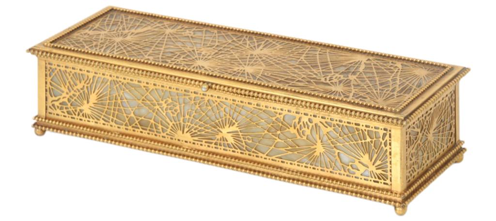 Tiffany Studios "Pine Needle" Glove Box: Tiffany Studios "Pine Needle" Glove Box early 20th century gilt bronze, slag glass signed "Tiffany Studios/New York/6" 3 1/4 x 13 1/2 x 4 5/8 inches