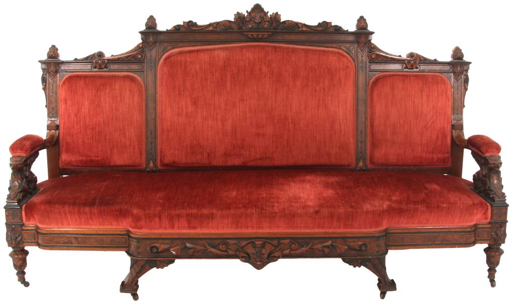 Allen & Brother Walnut Parlor Sofa: Allen & Brother (Philadelphia, PA, 1847-1902) Parlor Sofa circa 1870-1875 walnut, burl walnut, ebonized trim with figural arms, scrollwork and ebonized highlights 50 1/2 x 89 x 25 inches