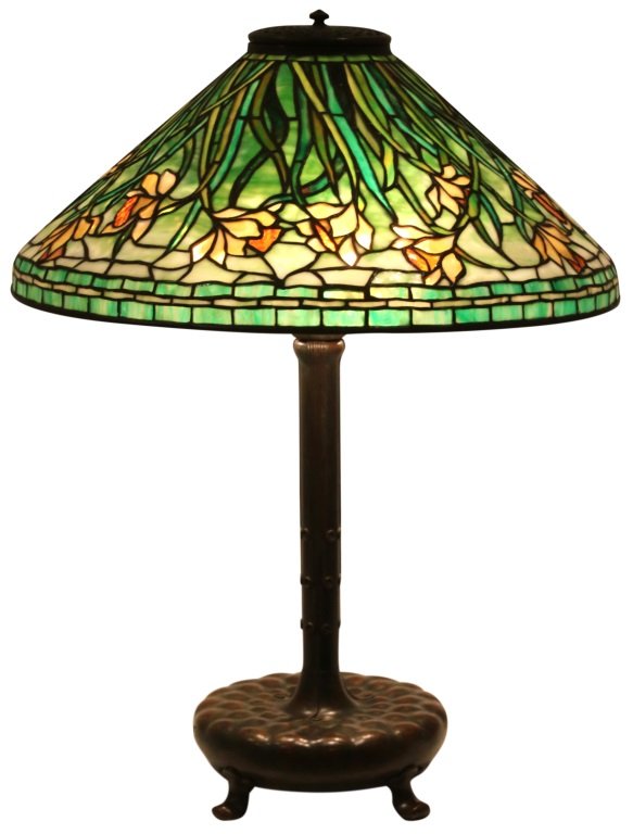 Tiffany Studios "Daffodil" Table Lamp: Tiffany Studios "Daffodil" Table Lamp circa 1910 leaded glass, patinated bronze shade signed "Tiffany Studios, New York" base signed "Tiffany Studios, New York, 364" 26 1/2 in. high, 20 in. diameter