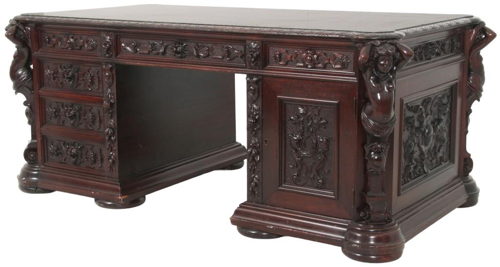 R.J. Horner & Co. Partner's Desk: R.J. Horner & Co. (New York, 1886-1915) Partner's Desk circa 1890 mahogany with nude women, Atlas figures, fruit clusters, cartouche shields, griffins & scrollwork 29 x 72 x 39 inches
