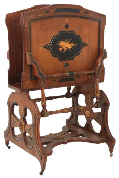 Renaissance Revival Portfolio Stand: Renaissance Revival Portfolio Stand (American, Circa 1870-1875) walnut, gilt incising, ebony, inlay open-carved base & stretcher, front and back panels with musical inlay 43 1/2 in. high x 28 1/2 in. 