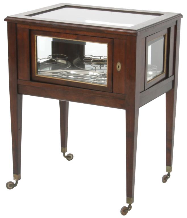 Austrian Mechanical Bar Cabinet: Austrian Mechanical Bar Cabinet early 20th century mahogany, beveled glass, silvered metal signed "Austria" 32 x 25 x 19 1/2 inches