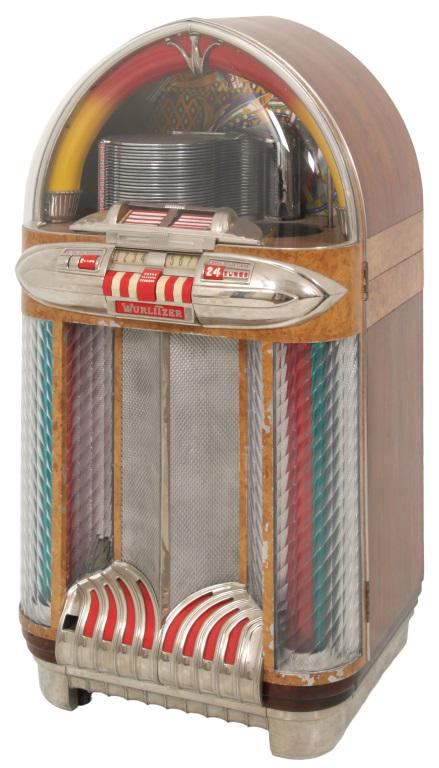 Wurlitzer Model 1100 Jukebox: Wurlitzer Model 1100 Jukebox circa 1948 signed with metal tag model number "1100," serial number "2114820" 57 1/2 x 30 x 27 inches Noted as the first Jukebox to use a lightweight plastic tone arm and 