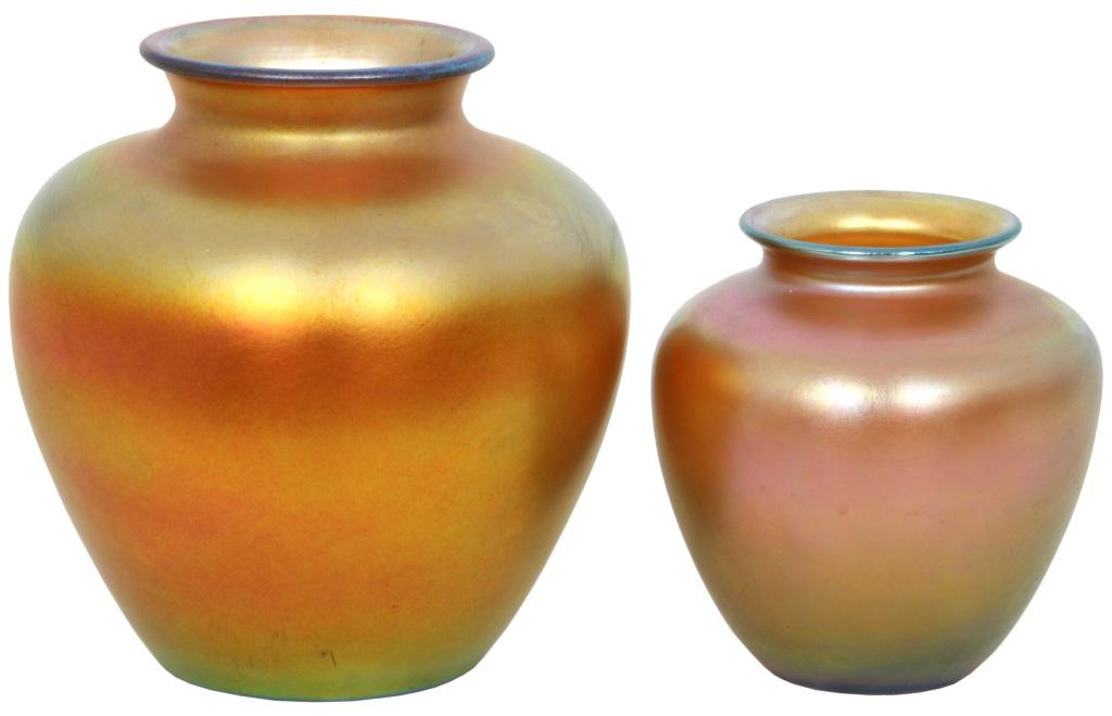 Two Steuben Glass Works Vases: Steuben Glass Works (Corning, New York, est. 1903) Two Vases early 20th century gold Aurene glass both signed "Steuben" 8 1/2 in. high x 8 in. diameter 6 in. high x 6 in. diameter