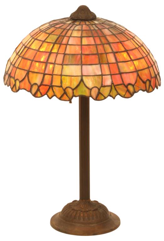 Gorham Manufacturing Company Table Lamp: Gorham Manufacturing Company (Providence, RI, 1831–present) Table Lamp early 20th century leaded glass, patinated metal shade with geometric design and stylized border unsigned 20 1/2 in. high, 