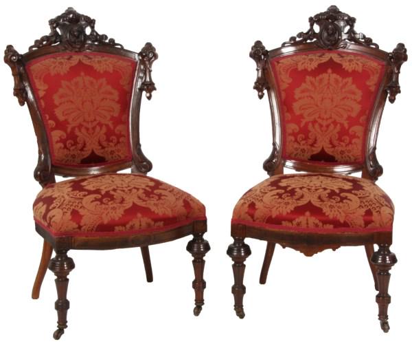 John Jelliff Renaissance Revival Side Chairs: John Jelliff (1813-1893) (Newark, New Jersey) Pair of Renaissance Revival Side Chairs walnut, burl walnut embellished with scrollwork & bust pediments enhanced original finish, 42 x 20 x 18 inches