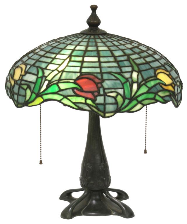 Gorham Manufacturing Company Table Lamp: Gorham Manufacturing Company (Providence, RI, 1831–present) Floral Table Lamp early 20th century leaded glass, patinated metal unsigned 17 in. high, 14 1/2 in. diameter