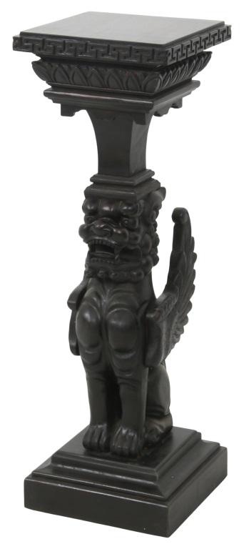 American Ebonized Griffin Pedestal: American Ebonized Griffin Pedestal circa 1890 ebonized wood with a seated winged griffin and Greek key band 36 x 12 inches