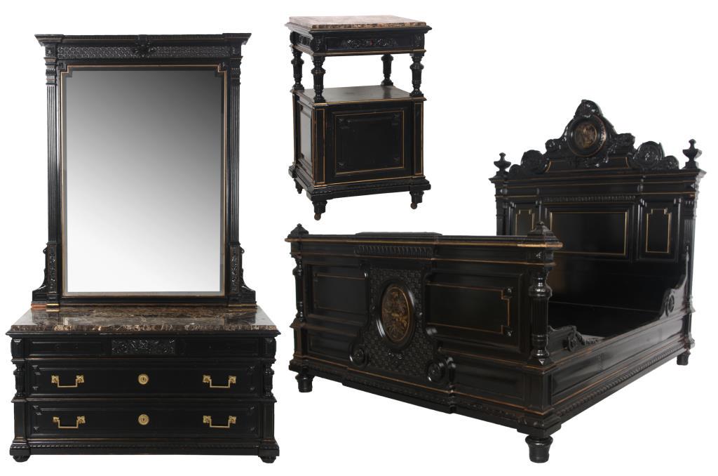Renaissance Revival Three-Piece Bedroom Set: Renaissance Revival Three-Piece Bedroom Set circa 1875 ebonized wood, marble, gilding and brass with overall gilt incising and filigree, bed crest with Aesthetic Japanese bird 81 x 76 x 88 inches (bed
