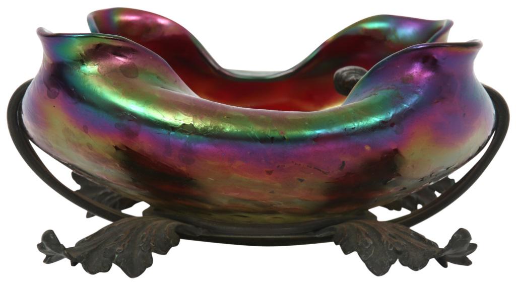 Attr. Loetz Mounted Bowl: Attributed to Loetz (Austrian) Mounted Bowl circa 1900 iridescent glass, silvered metal unsigned 3 1/8 x 7 inches