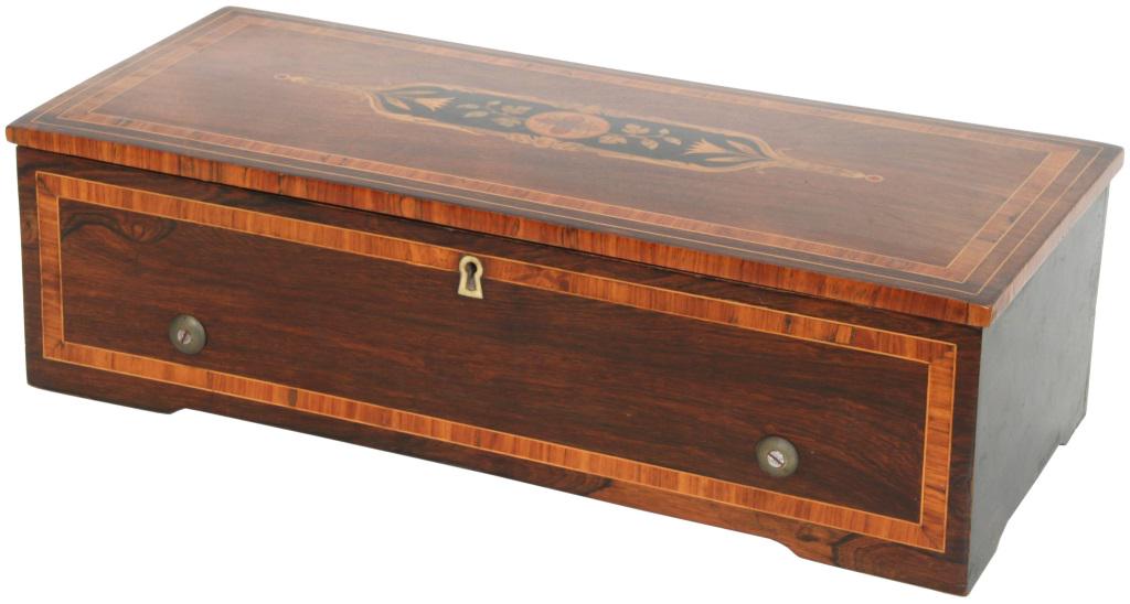 Inlaid Rosewood Cylinder Music Box: Inlaid Rosewood Cylinder Music Box, 19th century, case with rosewood front and lid having inlaid filigree and striped borders, dust cover in the interior with glass panel, 8 song tune indicator, sprin