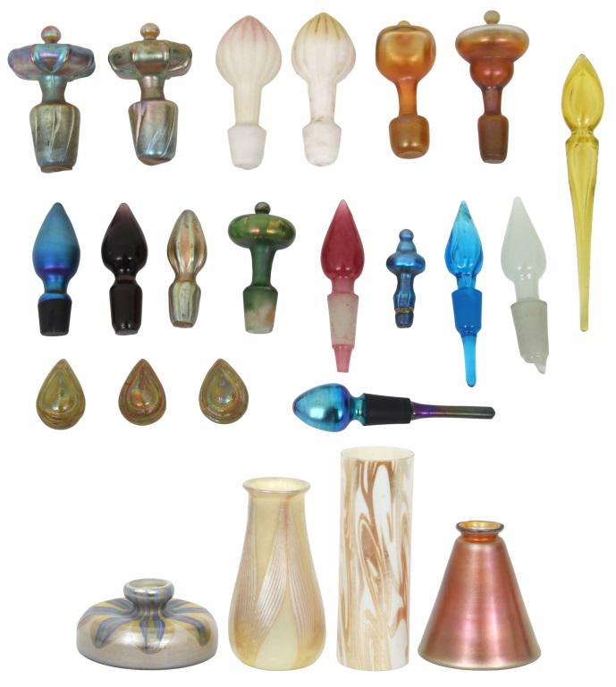 Group of Tiffany Studios, Steuben & Quezal Items: Group of Tiffany Studios, Steuben & Quezal Items 23 pieces, including stoppers and shades. early 20th century