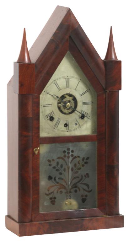 Smith & Taylor Triple Fusee Steeple Clock: Smith & Taylor Triple Fusee Steeple Clock, mid-19th century, rosewood veneer case with frosted lower tablet and the original Roman numeral painted dial, unsigned 30-hour movement with wood cones and a