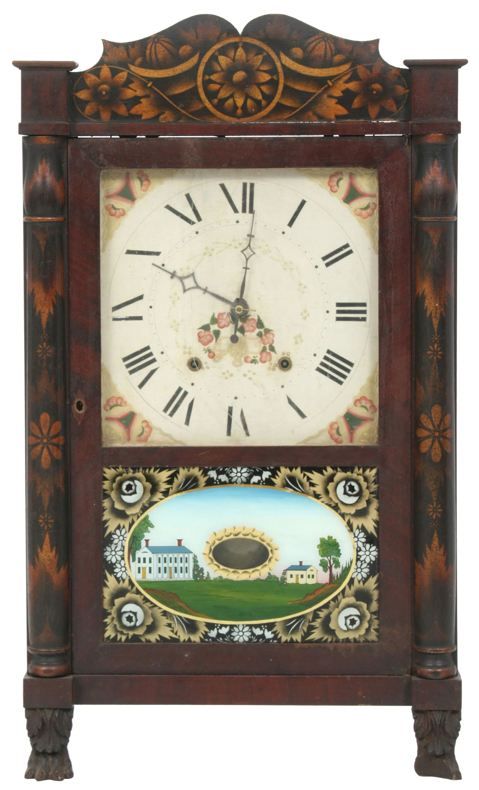 Seth Thomas Clock Co. Mantel Clock: Seth Thomas Clock Co. Mantel Clock, Thomaston, Connecticut, circa 1830, 30-hour wood works movement in a mahogany veneer transitional stenciled column and carved splat case, stained label with acknowl