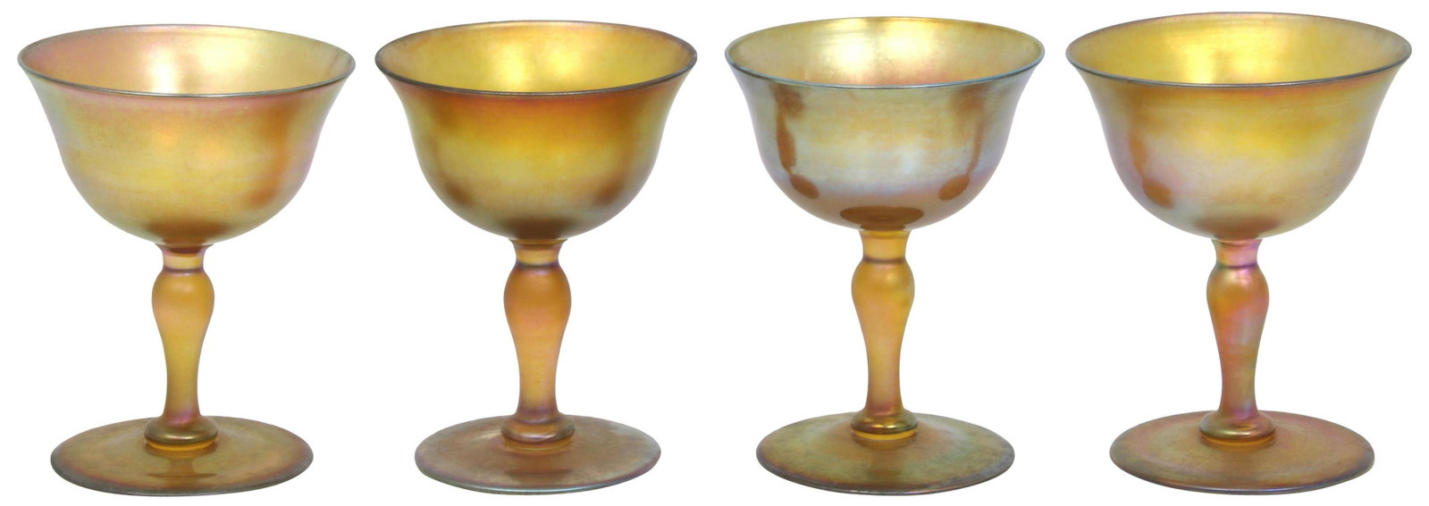 Four Tiffany Studios Favrile Glass Cordials: Tiffany Studios Four Cordials early 20th century Favrile glass all signed "L.C.T. Favrile" 3 3/4 x 3 inches