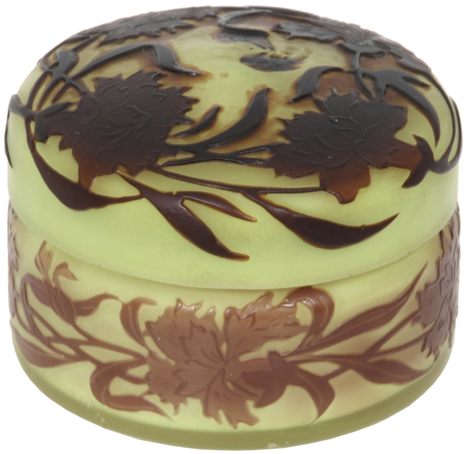 J. Michel Cameo Glass Covered Jar: J. Michel Cameo Glass Covered Jar early 20th century signed "J. Michel, Paris" 2 x 2 3/4 inches