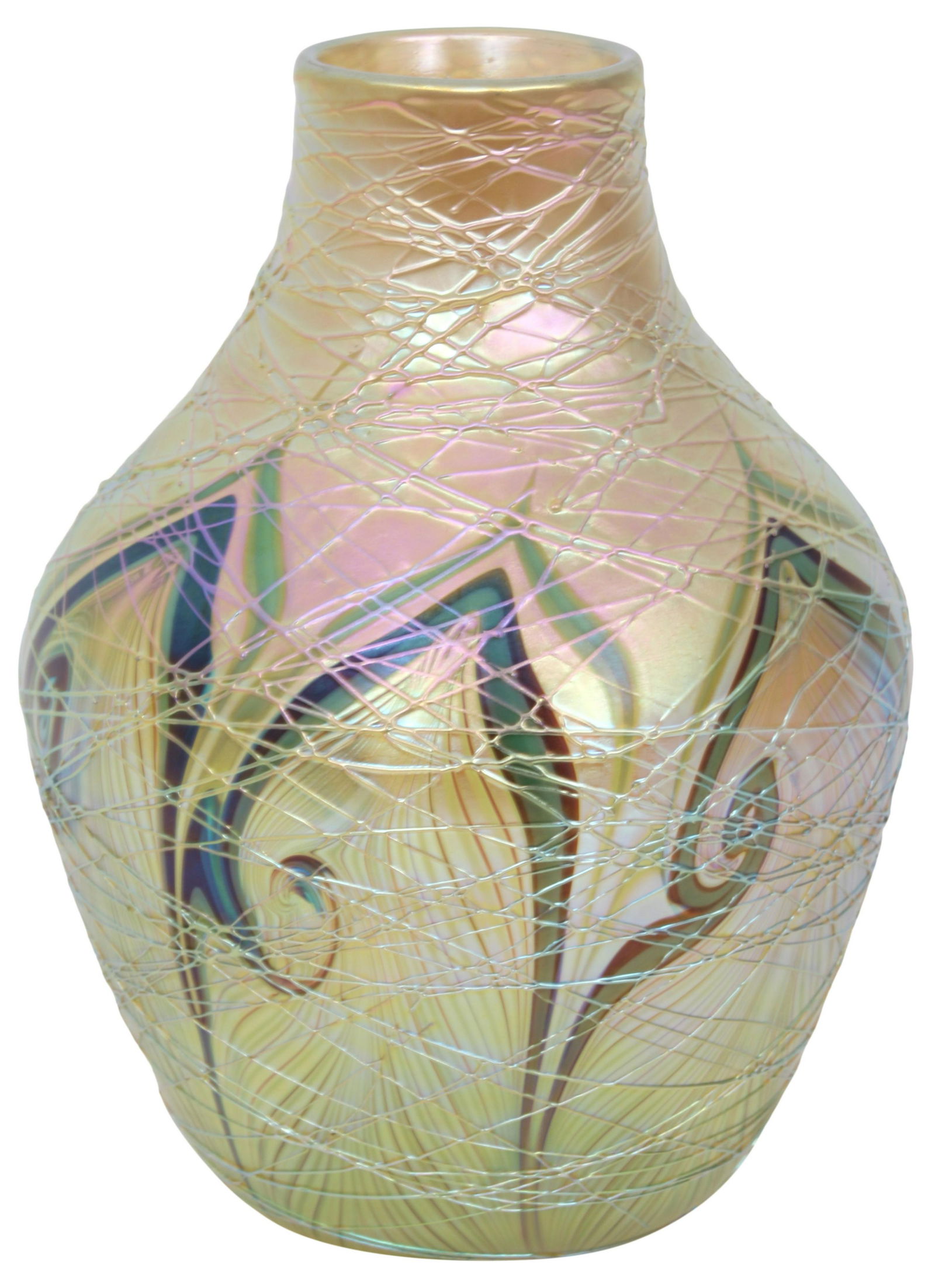 Orient & Flume Threaded Vase: Orient & Flume (America, est. 1972) Threaded Vase made in 1981 iridescent glass marked "Orient & Flume, 1981, 146" 7 in. high