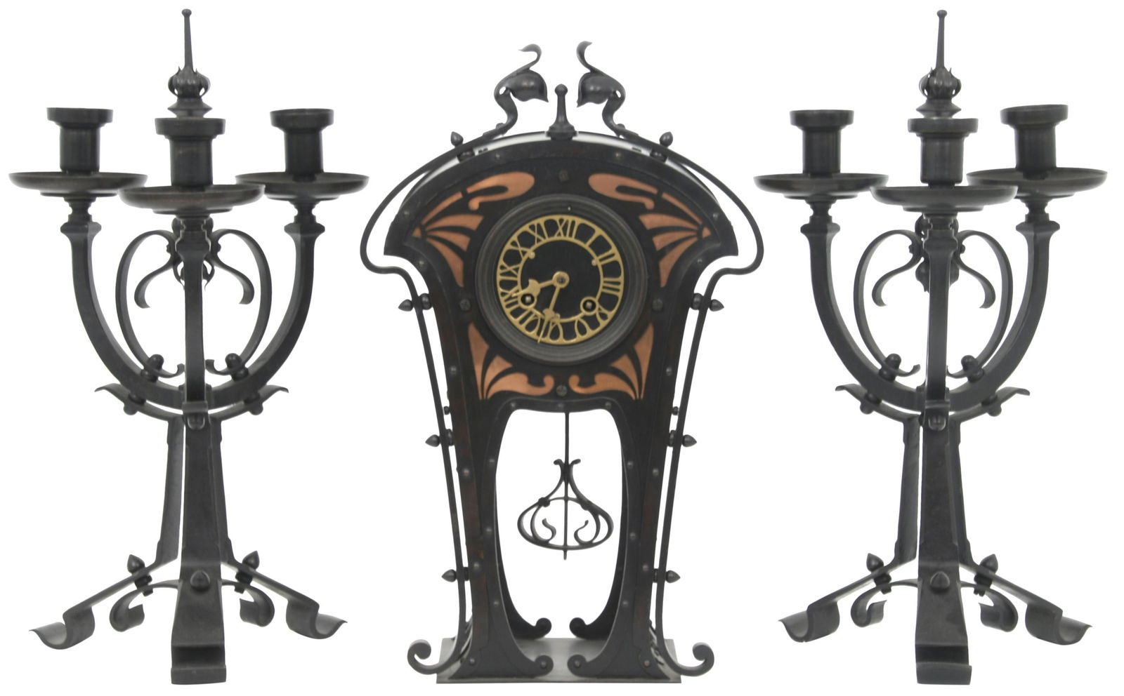 Art Nouveau Copper & Wrought Iron Clock Garniture (1 of 11)