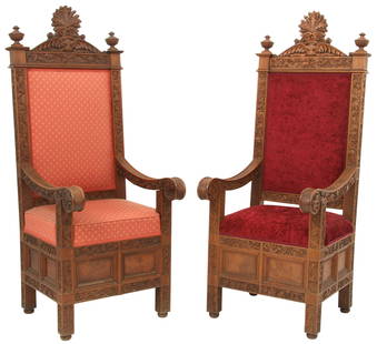 Pair of Luigi Frullini Walnut Armchairs: Luigi Frullini (Italian, 1839-1897) Pair of Armchairs circa 1889 carved walnut each signed "L. Frullini, Firenze" 66 x 25 x 27 inches Literature: Simone Chiarugi, Botteghe di Mobilieri in Toscana 1780