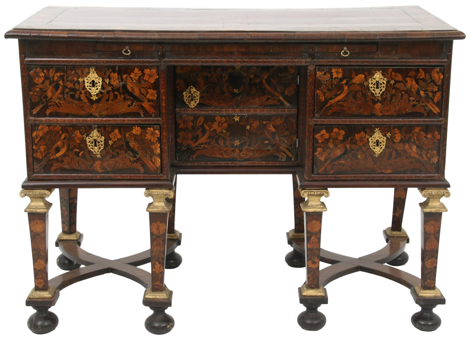 Louis XIV Marquetry Bureau Mazarin: Louis XIV Marquetry Bureau Mazarin French, early 18th century the knee hole with a single door flanked on each side by two drawers, decorated with floral and foliate marquetry, supported by eight legs