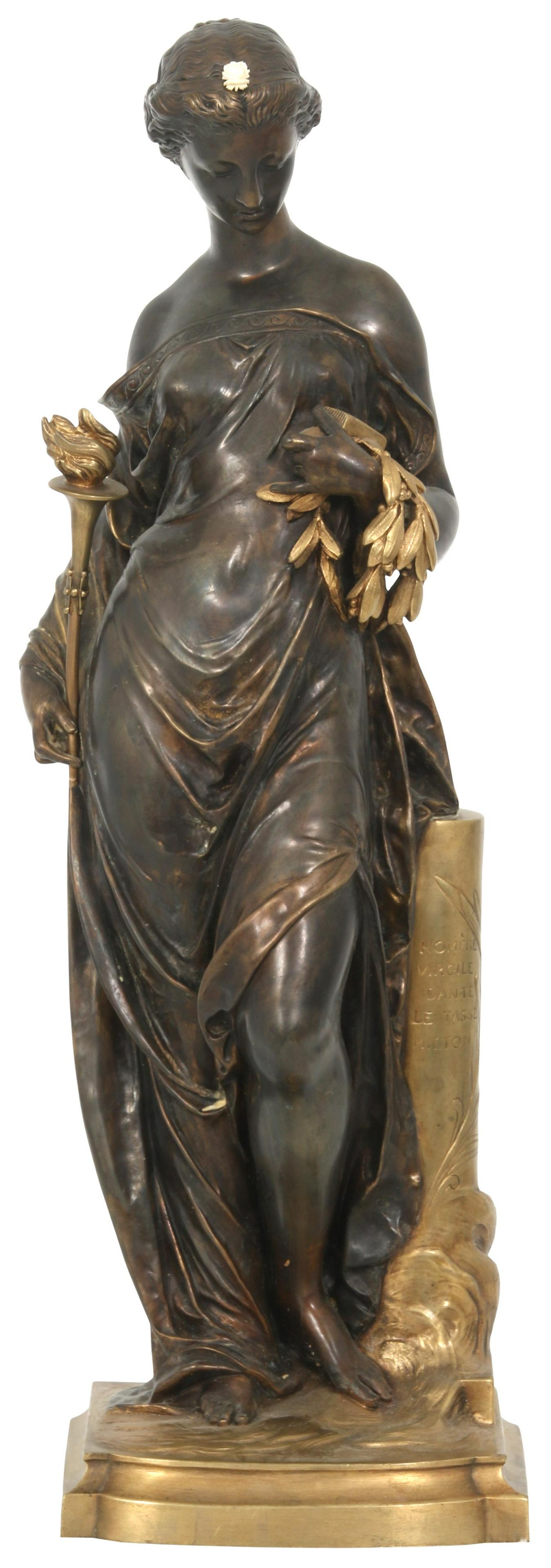 French Bronze Sculpture of a Woman: French Bronze Sculpture of a Woman 19th century the woman with a flowered headdress, base marked "Société des Bronzes," column inscribed "Homere, Virgile, Dante, Le Tasse, Milton" 21 in. hig
