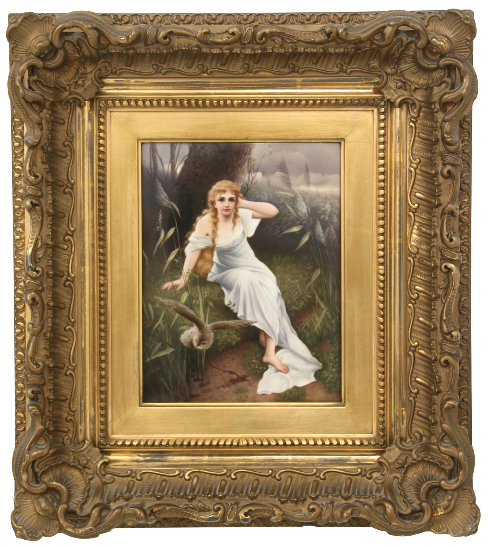 KPM Porcelain Plaque of a Woman & Owl: KPM (Royal Porcelain Factory) (Berlin, German, founded 1763) Plaque of a Woman & Owl hand-painted porcelain impressed "K.P.M./H" with scepter mark 9 1/2 x 7 1/4 inches (sight) 19 x 16 1/2 inches (fram