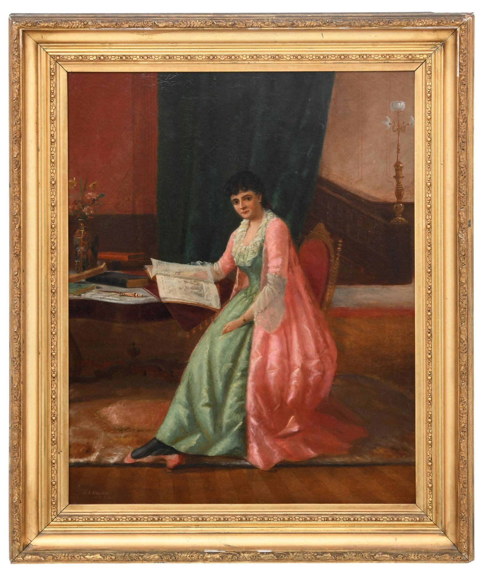 Nicholas Alden Brooks (American, 1840-1904): Nicholas Alden Brooks (American, 1840-1904) Interior Scene oil on canvas inscribed "N.A. Brooks, N.Y., 1891" (lower left) 19 1/8 x 15 1/8 inches (sight) 24 1/4 x 20 1/4 inches (frame)