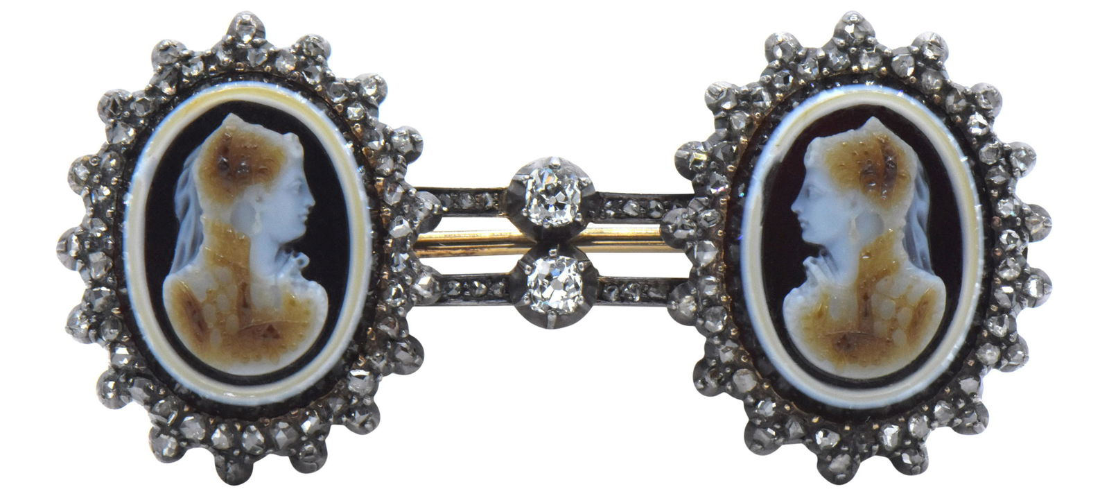 14 Karat Yellow Gold & Diamond Double Cameo Brooch (1 of 2)