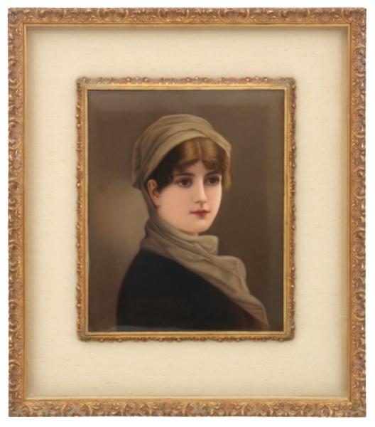KPM Porcelain Plaque of a Woman: KPM (Royal Porcelain Factory) (Berlin, German, founded 1763) Plaque of a Woman hand-painted porcelain signed "K.P.M." with scepter mark 12 1/2 x 10 inches (plaque) 20 3/4 x 18 1/4 inches (frame)