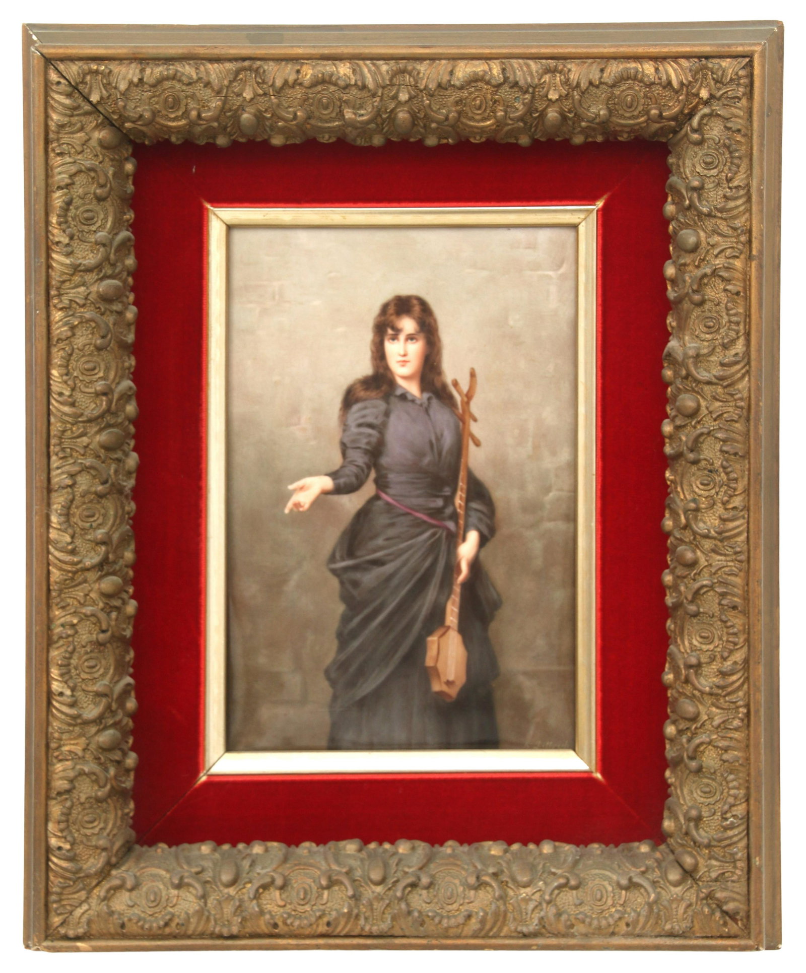 KPM Porcelain Plaque of a Woman Musician: KPM (Royal Porcelain Factory) (Berlin, German, founded 1763) Plaque of a Woman Musician hand-painted porcelain impressed "K.P.M." with scepter mark 8 3/4 x 5 3/4 inches (sight) 15 1/2 x 12 3/4 inches