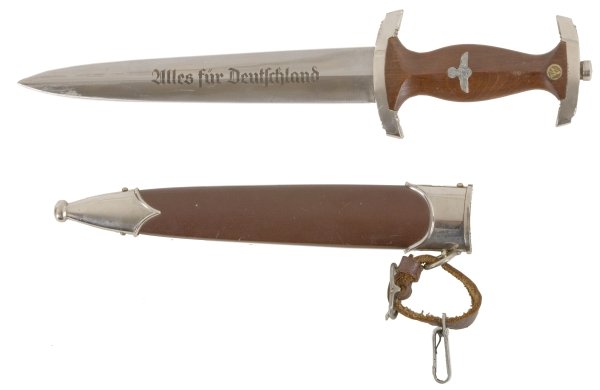 SA (Storm Trooper) Dagger, Germany, 1942: SA (Storm Trooper) Dagger, Germany, 1942. Brown wood handle with silver eagle and swastika device and SA "rune" above. Bow shaped nickel plated top and bottom crossbars; raised tang button. Double-edg
