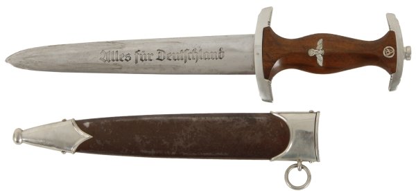 SA (Storm Troopers) Dagger, Germany, 1930's: SA (Storm Troopers) Dagger, Germany, 1930's. Brown wood shaped handle with silver eagle and swastika and SA "rune" on front; at bottom, obverse of wood is stamped, "2/WM" (for Westmark). Bow-shaped ni