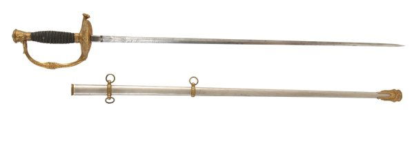 US Army Sword, USA, model 1860 Staff and Field Off: US Army Sword, USA, model 1860 Staff and Field Officer. Gilt brass urn-type pommel; black fish skin grip with gilt wires. Gilt brass knuckle guard with floral decor; turn-down guards with flag, shield