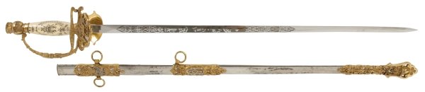 P/M I00 F Fraternal Sword, U.S. marked Henderson, : P/M I00 F Fraternal Sword, U.S. marked Henderson, Ames Co Kalamazoo Mich. A fine Fraternal Sword with globe pommel, ivory handle with scrimshaw decoration "Pax Unt Bellum", heavily decorated brass dou