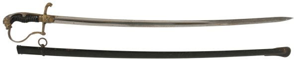 German Artillery Officer's Sword, Germany: German Artillery Officer's Sword, Germany. Gilt brass lion's head pommel; black plastic grip with silver wire; partially engraved back strap; langets with cross, cannons, leaves and shield. Gilt brass