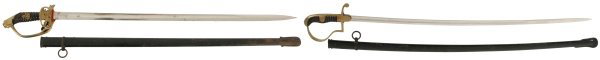 Lot of Two German Swords: Lot of Two German Swords. One is a German WWI Imperial Army Officer's sword with a brass Phrygian helmet pommel, black wire wrapped handle with "WR" crest, and a folding guard with Prussian eagle. The