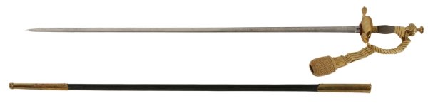 Prussian Infantry Sword, German circa 1880: Prussian Infantry Sword, German circa 1880. Gilt brass capstan tang button; heavily incised pommel; silver grip wrappings; sword knot. D-shaped gilt brass knuckle guard; boat-shaped turned up guard (n