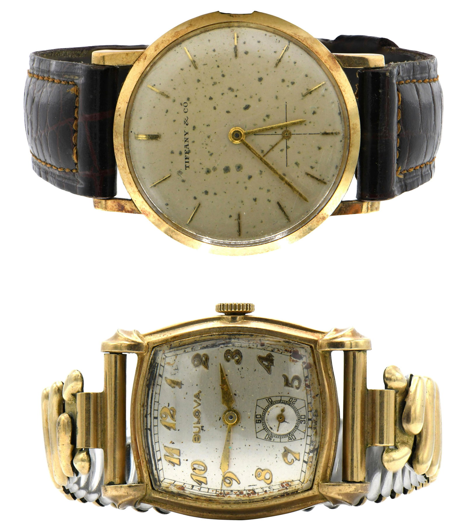 One Bulova & One Tiffany Watch: One Bulova & One Tiffany Watch The Bulova Watch Case: 27 mm, 10 karat yellow gold over stainless steel Dial: golden Arabic numerals, subsidiary seconds, golden “modern” hands Movement: 15 
