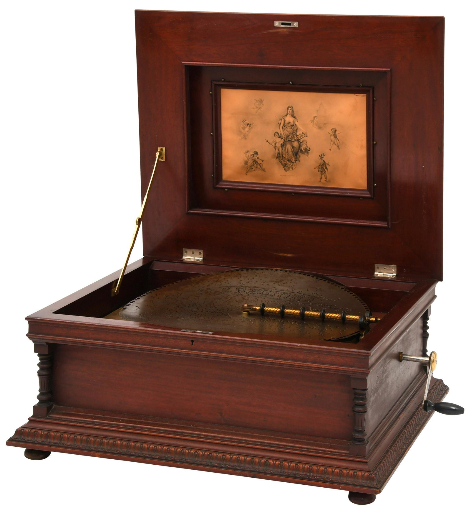 Regina Mahogany Spindle Top Music Box: Regina Company (New Jersey, founded 1892) Spindle Top Music Box mahogany signed "Regina," serial no. "32321" 15 x 30 x 24 inches, 20 1/2-inch disc