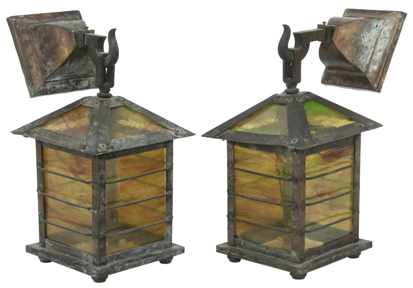 Pair of Arts & Crafts Copper & Glass Sconces (1 of 9)