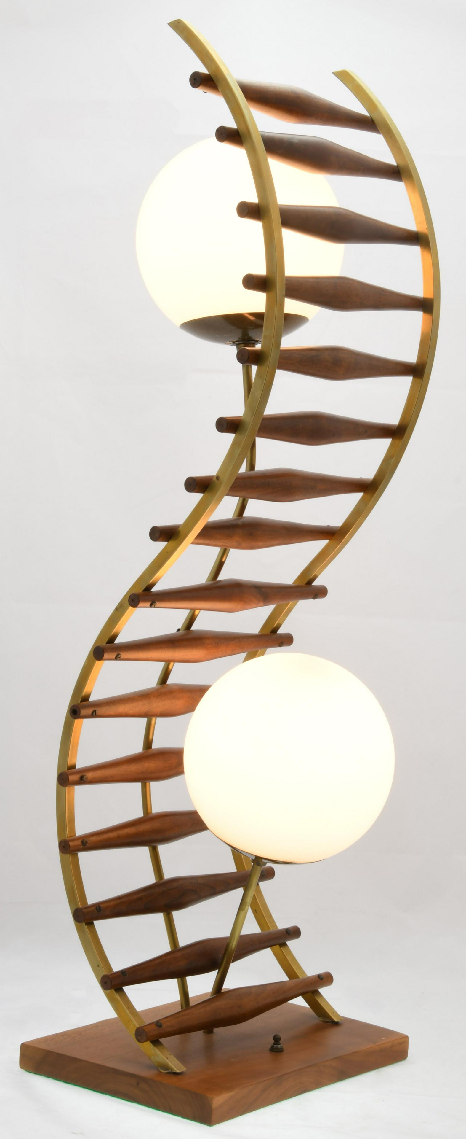 Mid-Century Modern Brass & Wood Two-Light Lamp (1 of 5)